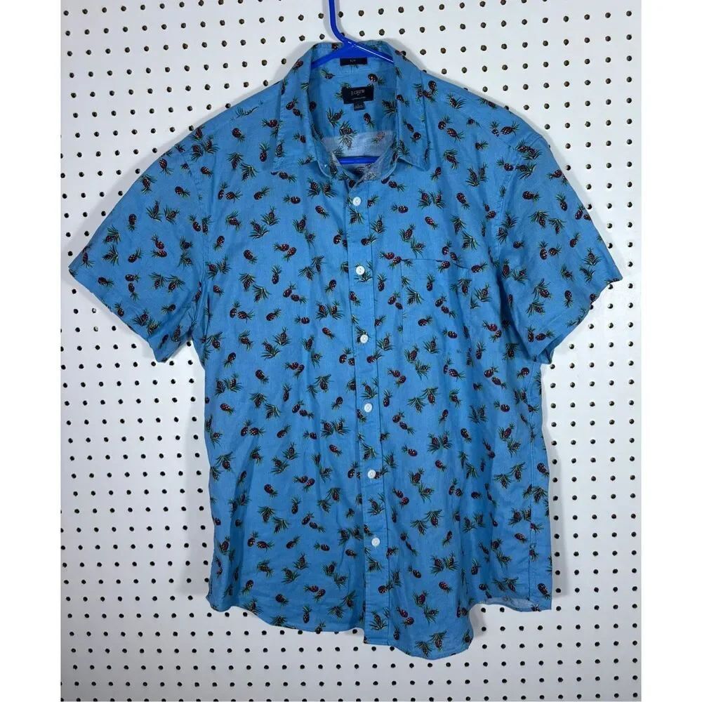 J.Crew pineapple print linen blend button down shirt size L slim fit